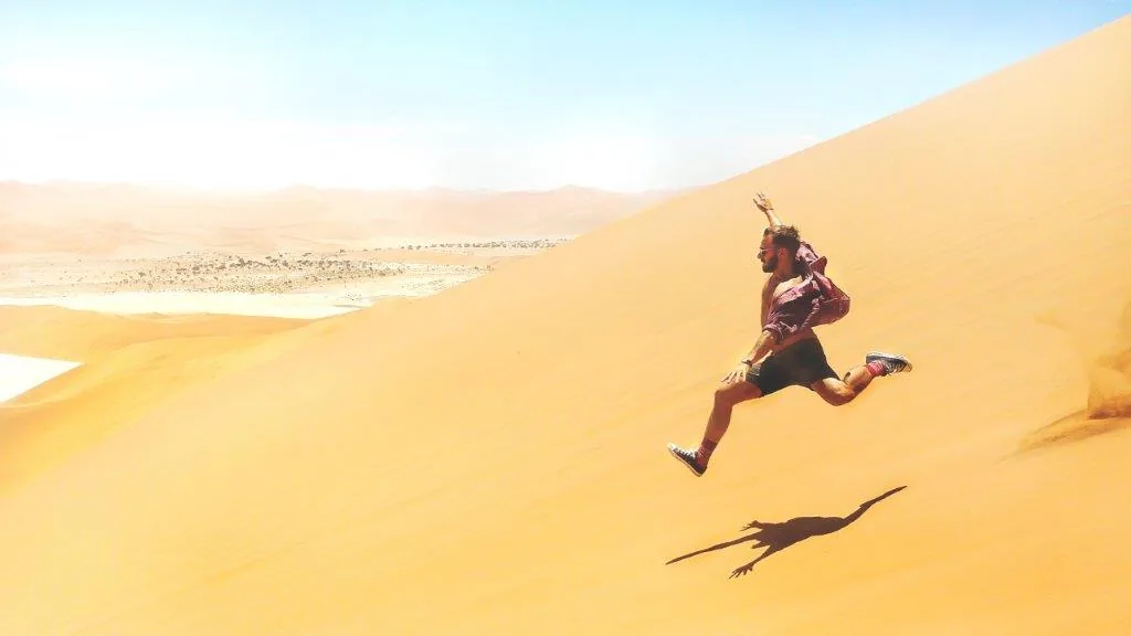 Traveller on a high sand dune in the Namib
